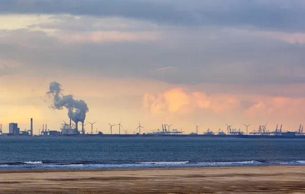 Пейзаж, закат, город, залив