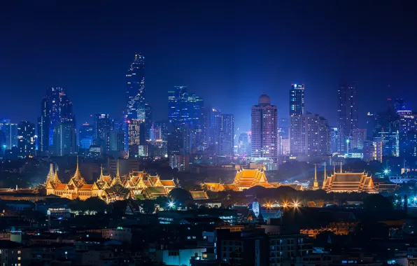 Ночь, город, огни, здания, дома, панорама, Thailand, небоскрёбы