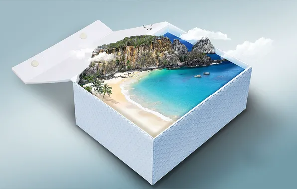 Картинка beach, box, clouds, island, gift, boats, cliff, seagulls