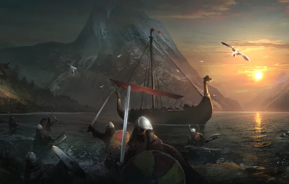 Картинка море, вода, закат, горы, птица, корабль, меч, вечер