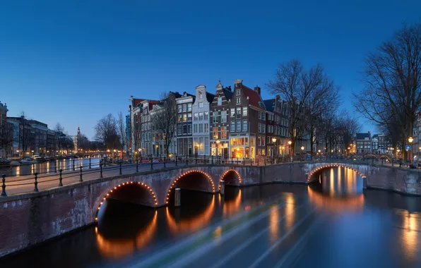 Картинка мост, огни, вечер, Нидерланды, Amsterdam, Голландия