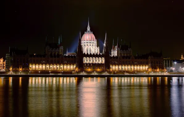 Ночь, замок, Дворец, Парламент, castle, Венгрия, Будапешт, Budapest