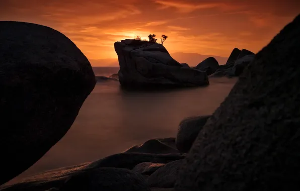 Пейзаж, закат, скала, озеро, sunsets, Lake Tahoe, Bonsai Rock