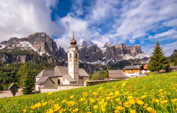 Картинка горы, Италия, церковь, Доломитовые Альпы