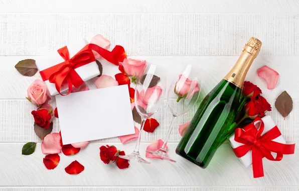 Любовь, цветы, подарок, романтика, розы, лепестки, бокалы, love