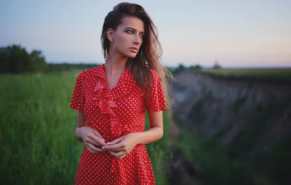 Девушка, поза, красное платье, на природе, в горошек, Sergey Fat, Сергей Жирнов, Александра Чащина