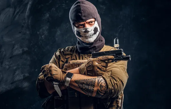 Skull, military, uniform, holding, balaclava, terrorist