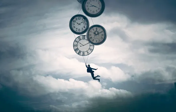 Картинка небо, часы, человек, полёт, Time Machine, Vincent Bourilhon