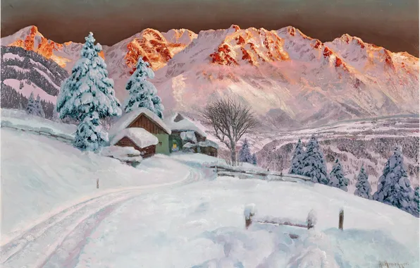 Дома, Зима, Горы, Деревья, Снег, Картина, Alois Arnegger, Алоис Арнеггер