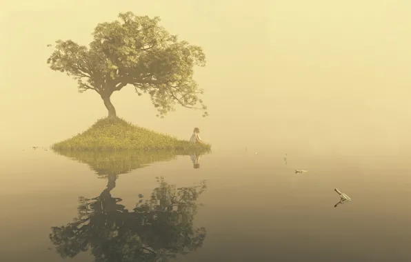 Картинка вода, девушка, туман, озеро, гладь, одиночество, дерево, арт