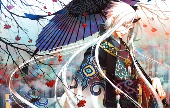 Картинка зонт, аниме, демон, белые волосы, кимано
