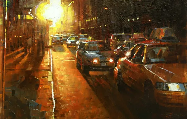 Картинка дорога, свет, город, огни, картина, вечер, арт, такси