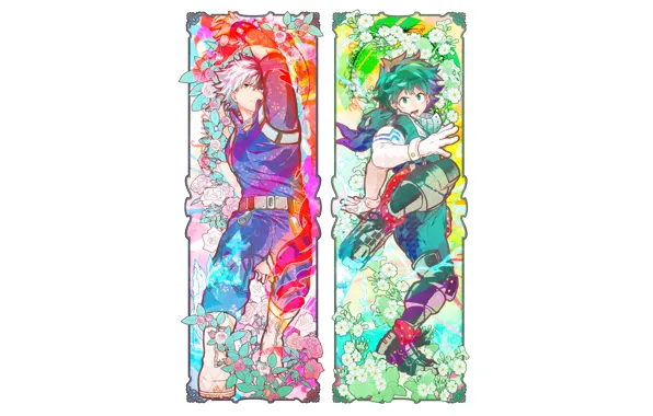 Парни, рамки, Boku no Hero Academia, Мидория Изуку, Тодороки Шото, Моя геройская акадеимя