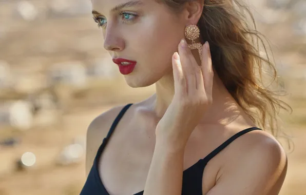 Black, cleavage, dress, eyes, model, focus, blonde, earring