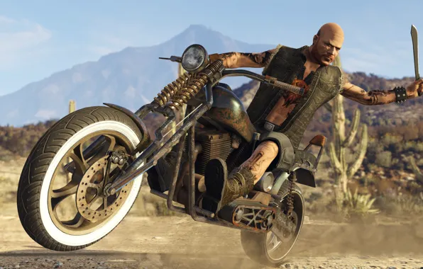 Skull, game, desert, motorcycle, mountains, sand, GTA, tattoo