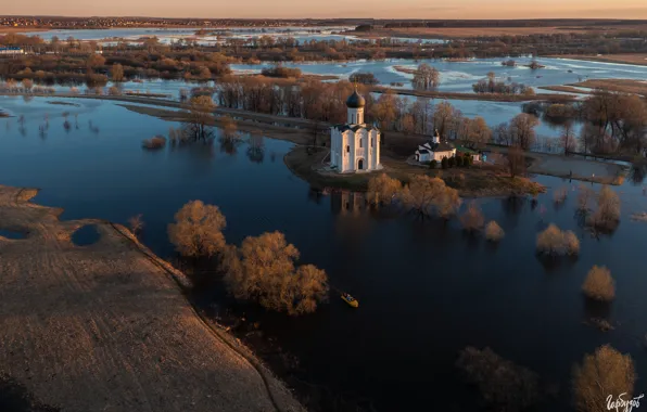 Пейзаж, природа, река, весна, церковь, разлив, берега, Боголюбово