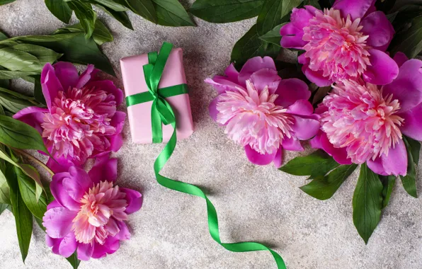 Картинка цветы, подарок, розовые, pink, flowers, пионы, peonies, gift box