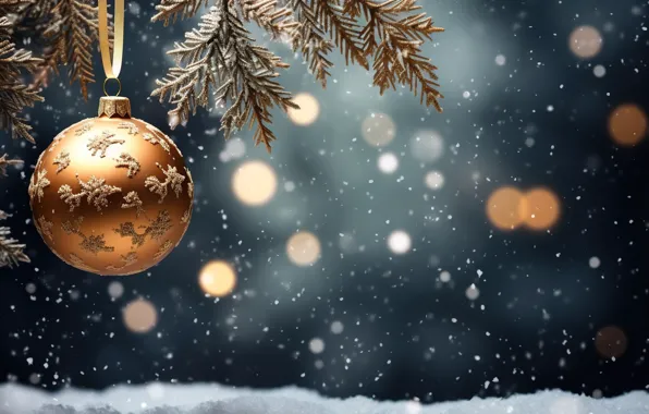 Зима, снег, украшения, шар, Новый Год, Рождество, golden, new year