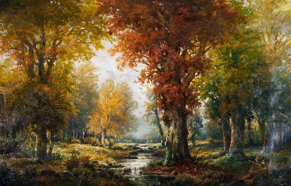 Деревья, Картина, Речка, Alois Arnegger, Осенний лес, Алоис Арнеггер, Австрийский живописец