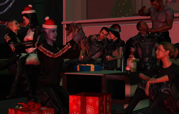 Картинка праздник, подарки, команда, вечеринка, Mass Effect