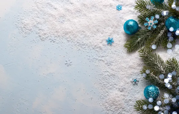 Картинка снег, снежинки, шары, елка, Новый Год, Рождество, Christmas, balls