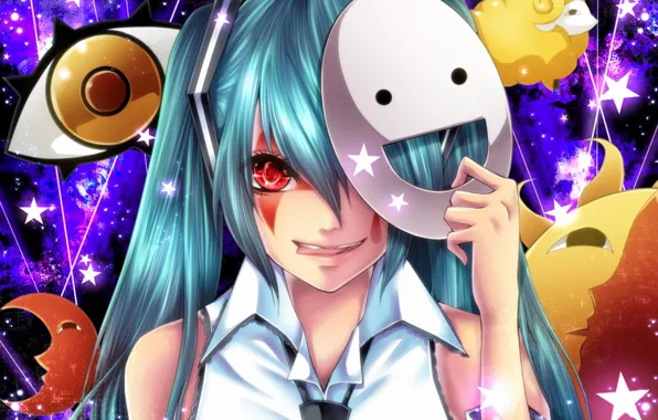 Язык, взгляд, девушка, улыбка, маска, vocaloid, hatsune miku, вокалоид