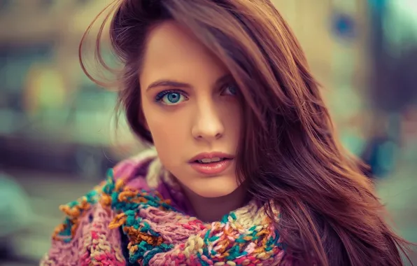Глаза, девушка, лицо, волосы, портрет, шарф, голубые, красивая