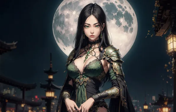Girl, moon, fantasy, green eyes, art, painting, digital art, fantasy art