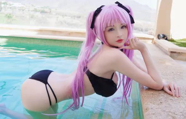 Girl, sexy, ass, pool, cleavage, pink hair, long hair, boobs