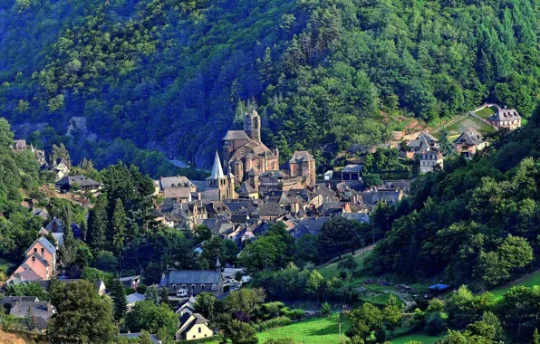 Горы, город, замок, Франция, средневековая архитектура, château D'estaing en Aveyron