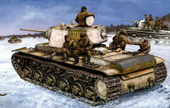 Картинка war, art, painting, ww2, russian tank, russian infantry, KV-1, red army