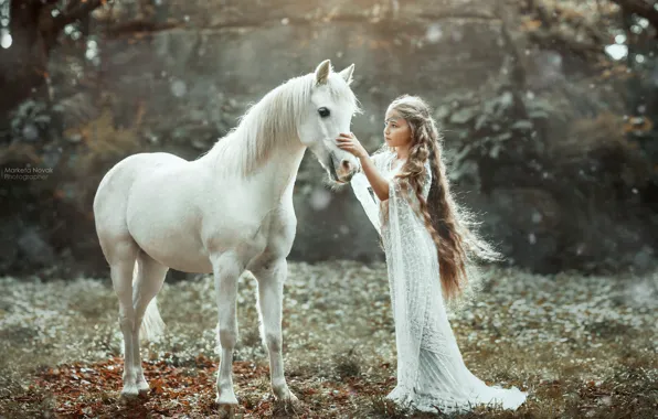 Картинка настроение, лошадь, платье, девочка, белая, длинные волосы, Marketa Novak