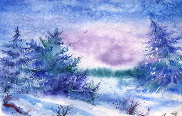 Зима, снег, птицы, акварель, ёлки, нарисованный пейзаж
