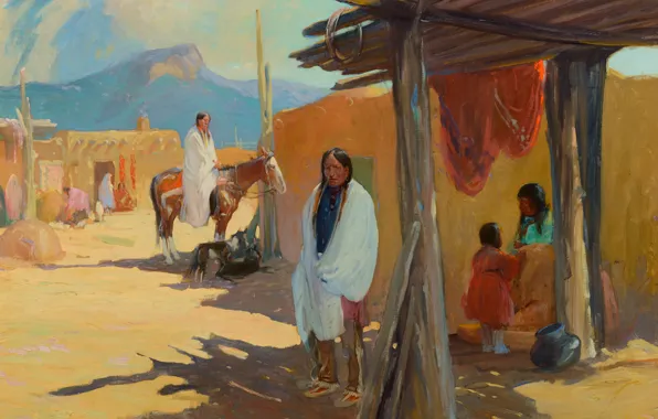 Картинка Taos Pueblo, Oscar Edmund Berninghaus, Morning Shade