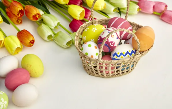 Цветы, яйца, colors, colorful, Пасха, тюльпаны, happy, wood