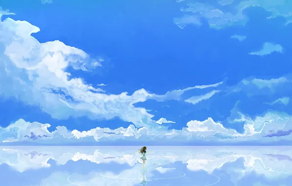 Картинка небо, вода, девушка, облака, арт, nagi no asukara, mukaido manaka, kyichi