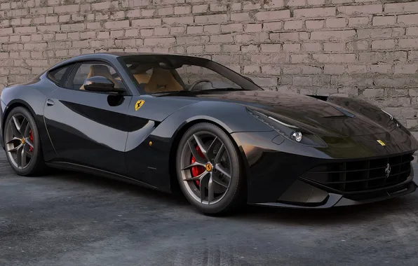 Машина, стена, черная, спорткар, Ferrari F12 Berlinetta