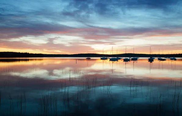 Картинка небо, вода, отражения, лодки, утро, США, Новая Англия, Нью-Гэмпшир