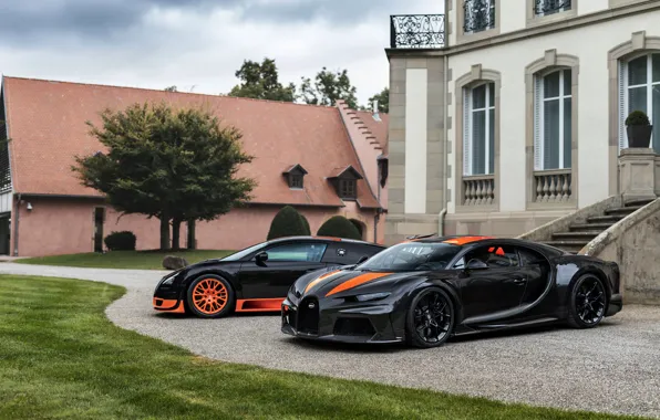 Картинка здание, Bugatti, Veyron, 2010, Chiron, 2019, Veyron 16.4 Super Sport World Record Edition, чёрно-оранжевые