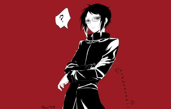 Очки, вопрос, парень, красный фон, Bungou Stray Dogs, Бродячие Псы: Литературные Гении, Акутагава Рюноске, Akutagawa …