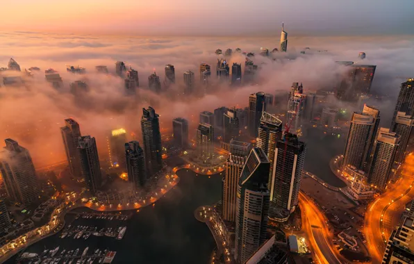 Город, огни, туман, вечер, Дубай, ОАЭ