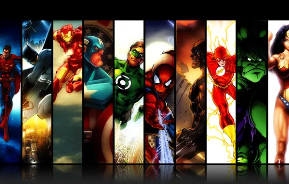 Wonder Woman, Hulk, Batman, Wolverine, Iron Man, Green Lantern, Captain America, Superman