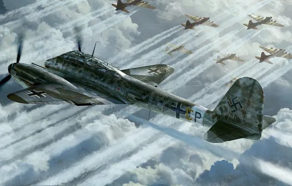 Рисунок, арт, Messerschmitt, Hornisse, б-17, Шершень, Me.410, немецкий тяжелый истребитель-бомбардировщик