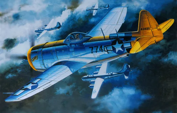 Картинка небо, ночь, рисунок, бомбардировщики, самолёты, Вторая мировая война, истребитель-бомбардировщик, тяжелые