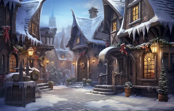 Lights, art, winter, houses, effect
