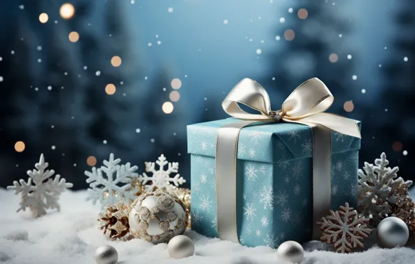 Картинка зима, снег, украшения, снежинки, шары, Новый Год, Рождество, подарки