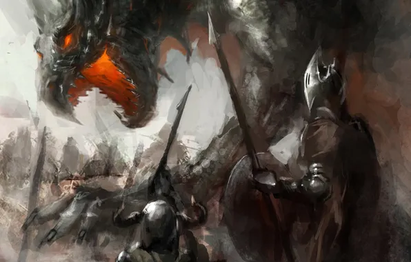 Картинка оружие, дракон, доспехи, арт, пасть, шлем, битва, щит