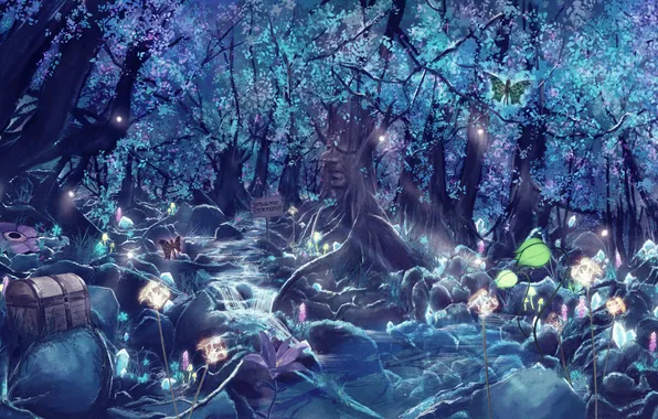 Картинка цветы, лицо, река, светлячки, дерево, Лес, сундук