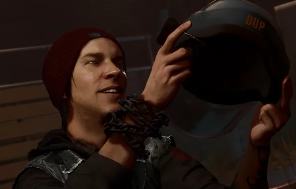 Шапка, человек, цепь, шлем, infamous second son