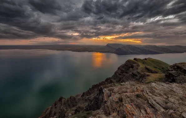 Море, пейзаж, закат, горы, тучи, природа, скалы